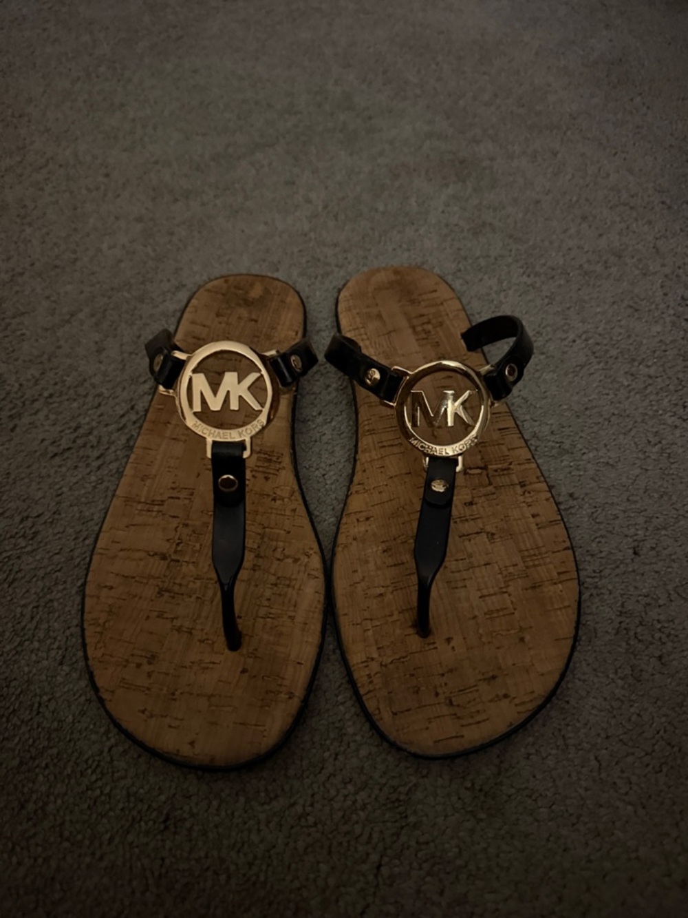 Michael Kors Black and Gold MK Logo Cork-Style Thong Sandals